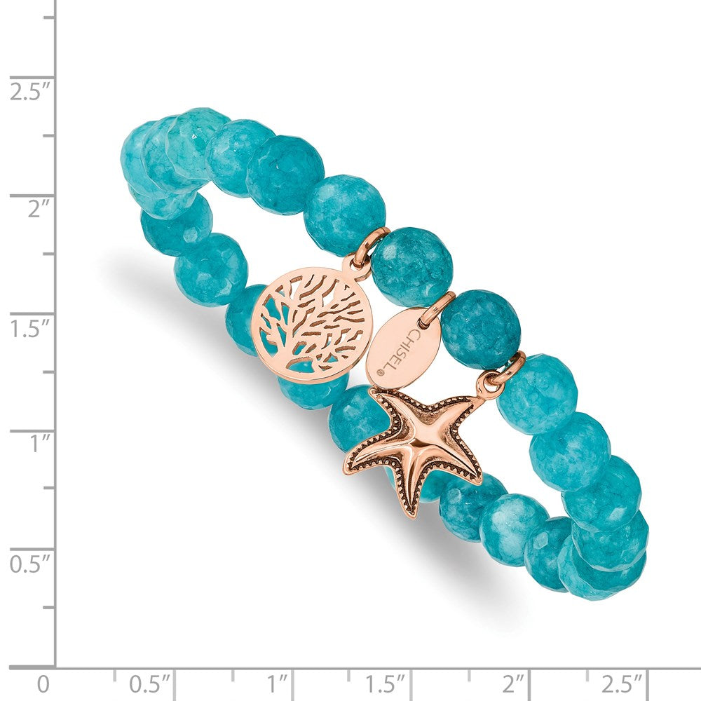 Chisel Stainless Steel Antiqued and Polished Rose IP-plated Starfish and Tree of Life 8mm Aqua Dyed Jade Beaded Stretch Bracelet SRB2326