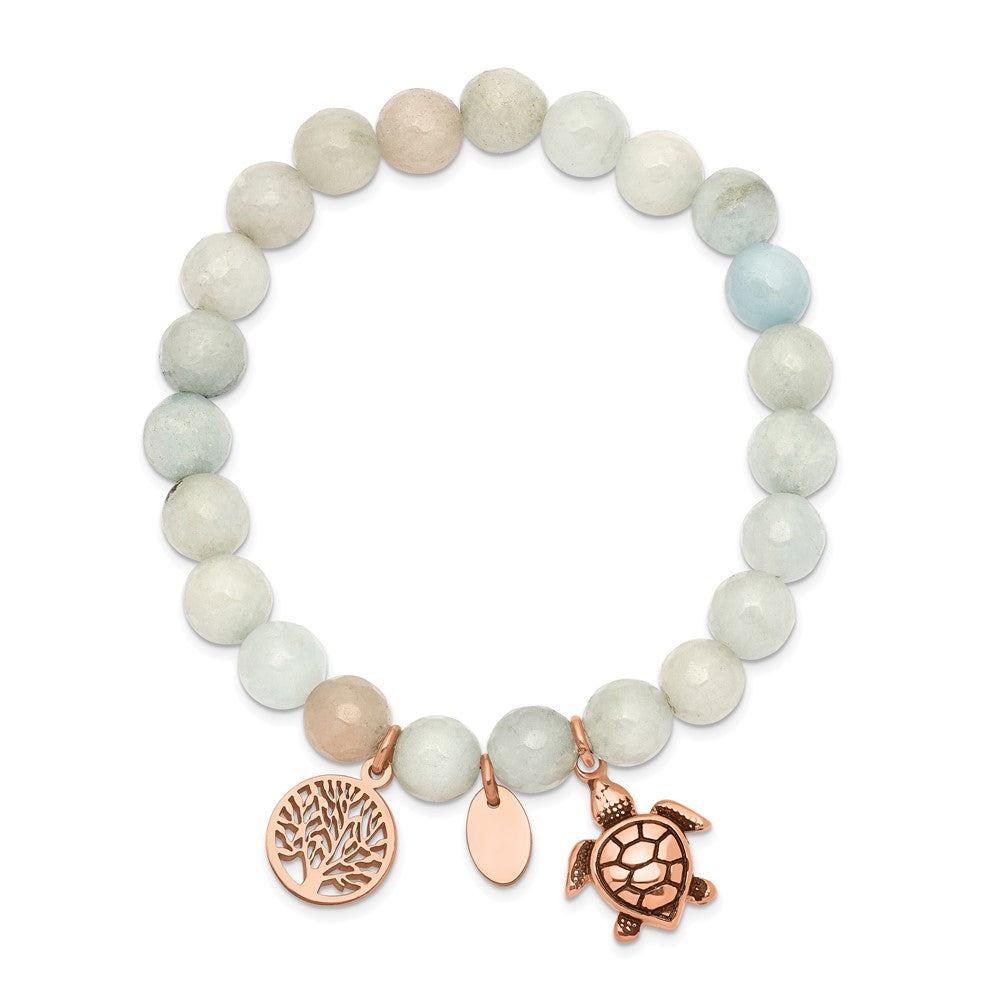 Chisel Stainless Steel Antiqued and Polished Rose IP-plated 8mm Blue/Grey Dyed Jade Beaded Stretch Bracelet SRB2328