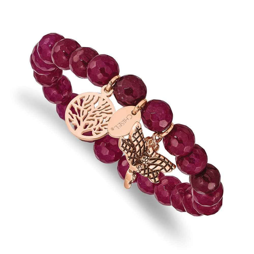 Chisel Stainless Steel Antiqued and Polished Rose IP-plated Dragonfly and Tree of Life 8mm Pink Dyed Jade Beaded Stretch Bracelet SRB2329