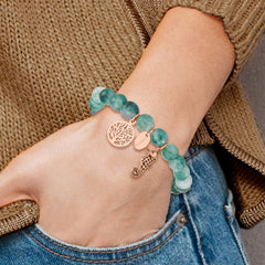 Chisel Stainless Steel Antiqued and Polished Rose IP-plated Seahorse and Tree of Life 8mm Green Dyed Jade Beaded Stretch Bracelet SRB2330