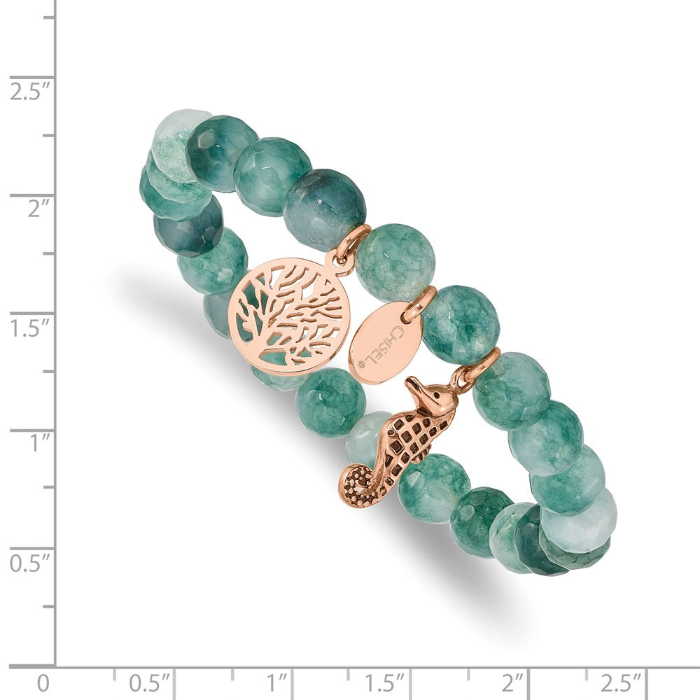 Chisel Stainless Steel Antiqued and Polished Rose IP-plated Seahorse and Tree of Life 8mm Green Dyed Jade Beaded Stretch Bracelet SRB2330