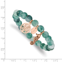Chisel Stainless Steel Antiqued and Polished Rose IP-plated Seahorse and Tree of Life 8mm Green Dyed Jade Beaded Stretch Bracelet SRB2330
