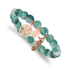 Chisel Stainless Steel Antiqued and Polished Rose IP-plated Seahorse and Tree of Life 8mm Green Dyed Jade Beaded Stretch Bracelet SRB2330