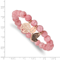 Chisel Stainless Steel Antiqued and Polish Rose IP-plated Butterfly and Tree of Life 8mm Pink Dyed Jade Beaded Stretch Bracelet SRB2331