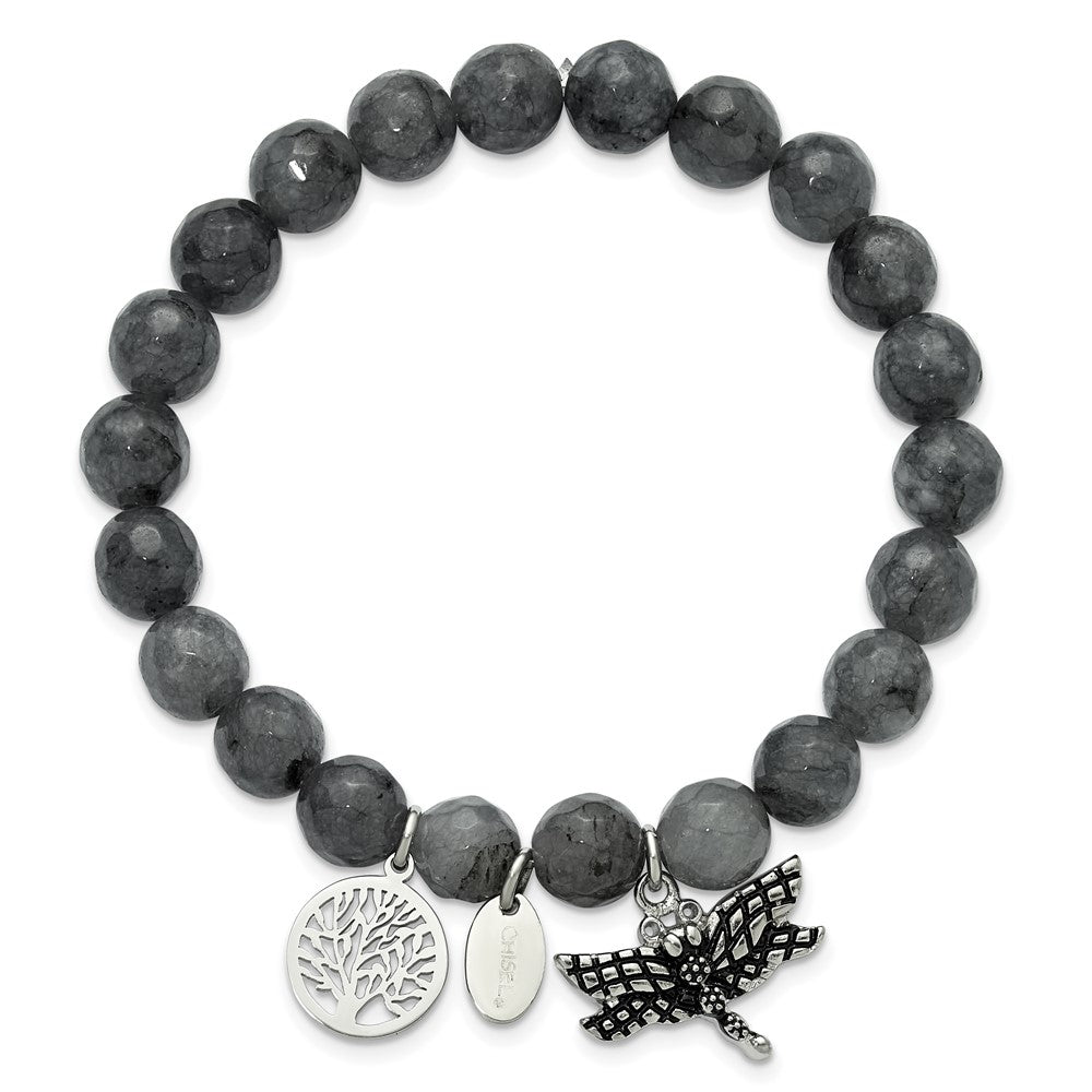 Chisel Stainless Steel Antiqued and Polished Dragonfly and Tree of Life 8mm Grey Dyed Jade Beaded Stretch Bracelet SRB2332