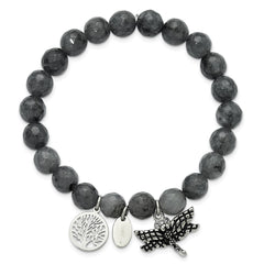 Chisel Stainless Steel Antiqued and Polished Dragonfly and Tree of Life 8mm Grey Dyed Jade Beaded Stretch Bracelet SRB2332