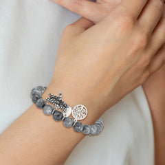 Chisel Stainless Steel Antiqued and Polished Dragonfly and Tree of Life 8mm Grey Dyed Jade Beaded Stretch Bracelet SRB2332