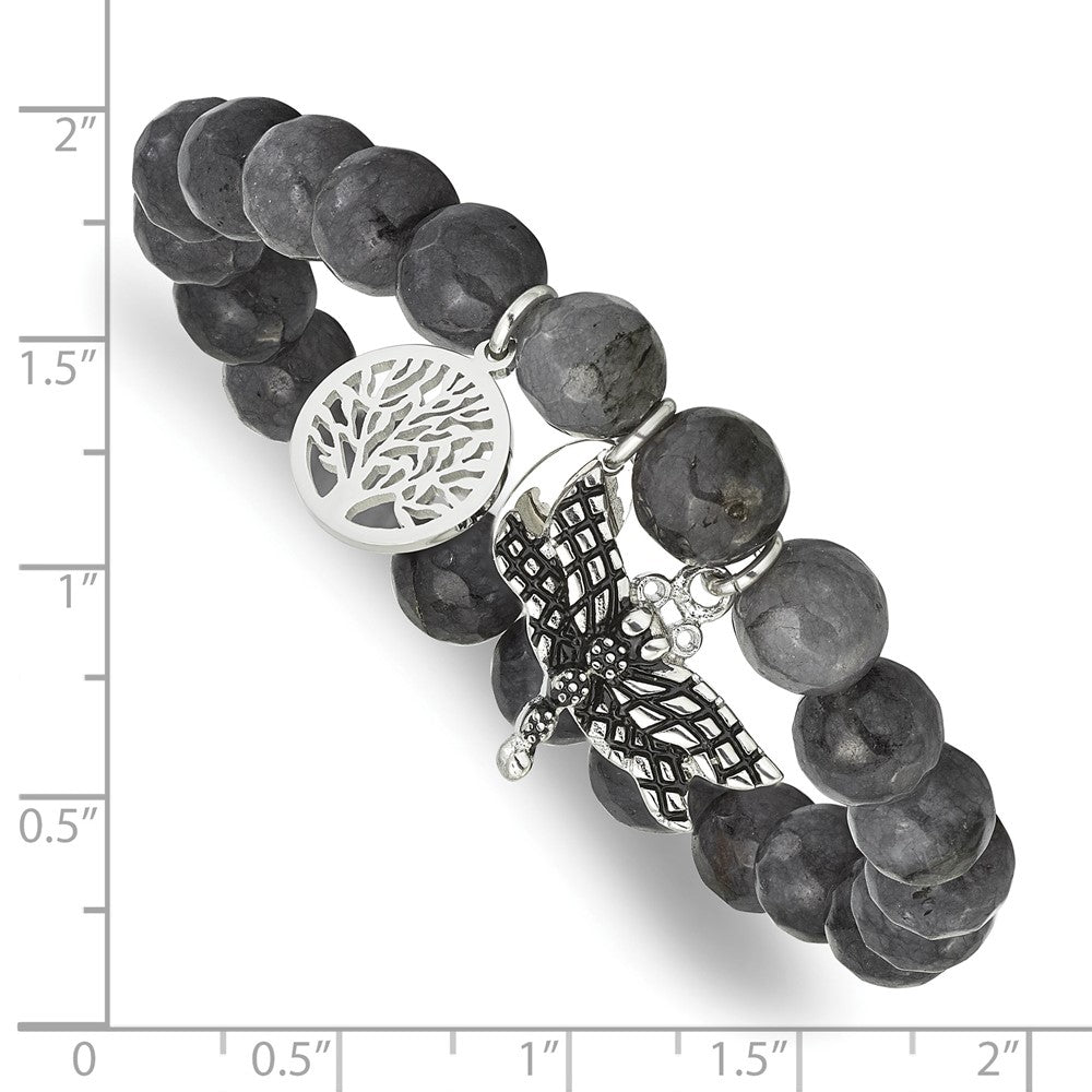 Chisel Stainless Steel Antiqued and Polished Dragonfly and Tree of Life 8mm Grey Dyed Jade Beaded Stretch Bracelet SRB2332