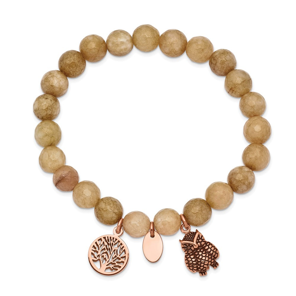 Chisel Stainless Steel Antiqued and Polished Rose IP-plated Owl and Tree of Life 8mm Taupe Dyed Jade Beaded Stretch Bracelet SRB2333