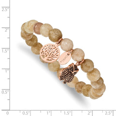 Chisel Stainless Steel Antiqued and Polished Rose IP-plated Owl and Tree of Life 8mm Taupe Dyed Jade Beaded Stretch Bracelet SRB2333