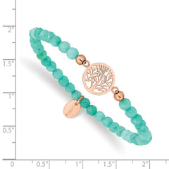 Chisel Stainless Steel Polished Rose IP-plated Tree of Life 4mm Mint Jade Beaded Stretch Bracelet SRB2335