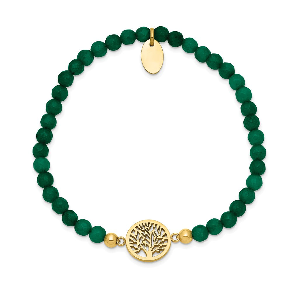 Chisel Stainless Steel Polished Yellow IP-plated Tree of Life 4mm Green Jade Beaded Stretch Bracelet SRB2336