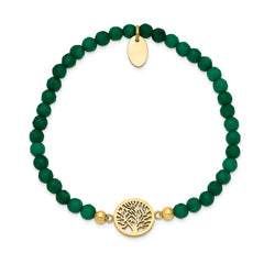Chisel Stainless Steel Polished Yellow IP-plated Tree of Life 4mm Green Jade Beaded Stretch Bracelet SRB2336