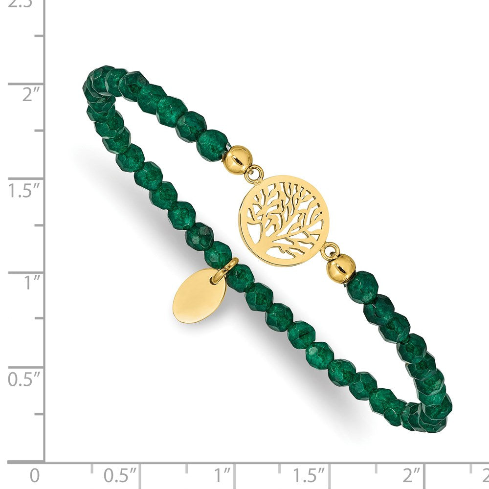 Chisel Stainless Steel Polished Yellow IP-plated Tree of Life 4mm Green Jade Beaded Stretch Bracelet SRB2336