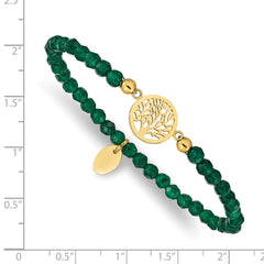 Chisel Stainless Steel Polished Yellow IP-plated Tree of Life 4mm Green Jade Beaded Stretch Bracelet SRB2336