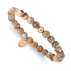 Chisel Stainless Steel Polished Rose IP-plated 6mm Brown Jasper Beaded Stretch Bracelet SRB2339