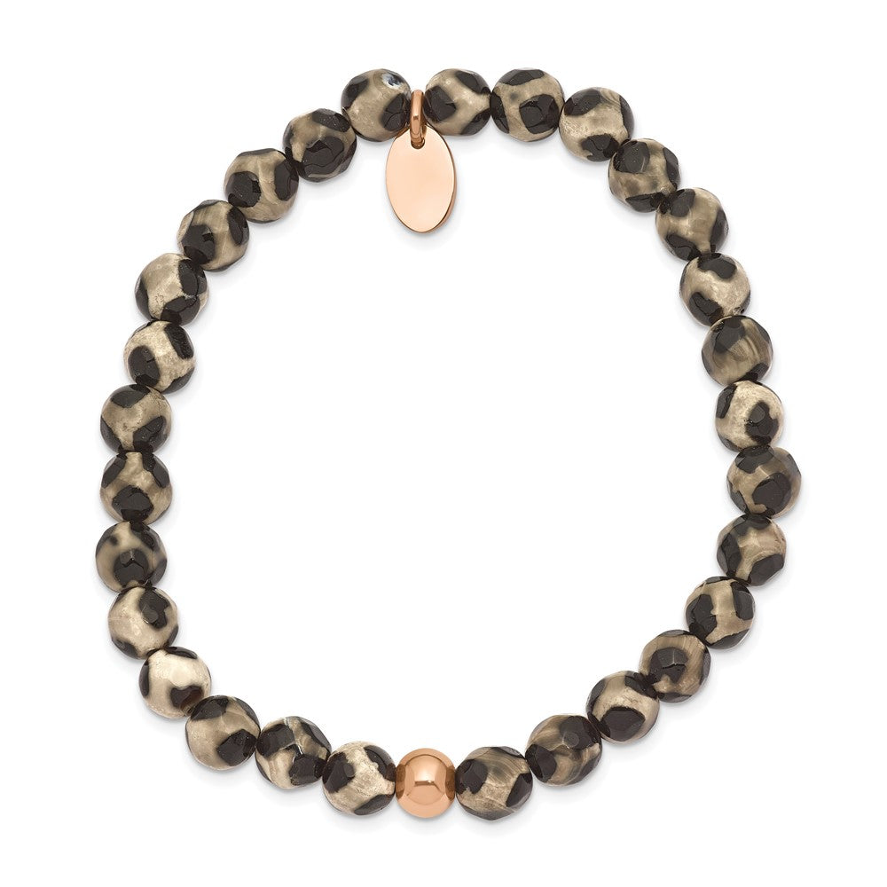 Chisel Stainless Steel Polished Rose IP-plated 6mm Black and White Agate Beaded Stretch Bracelet SRB2341