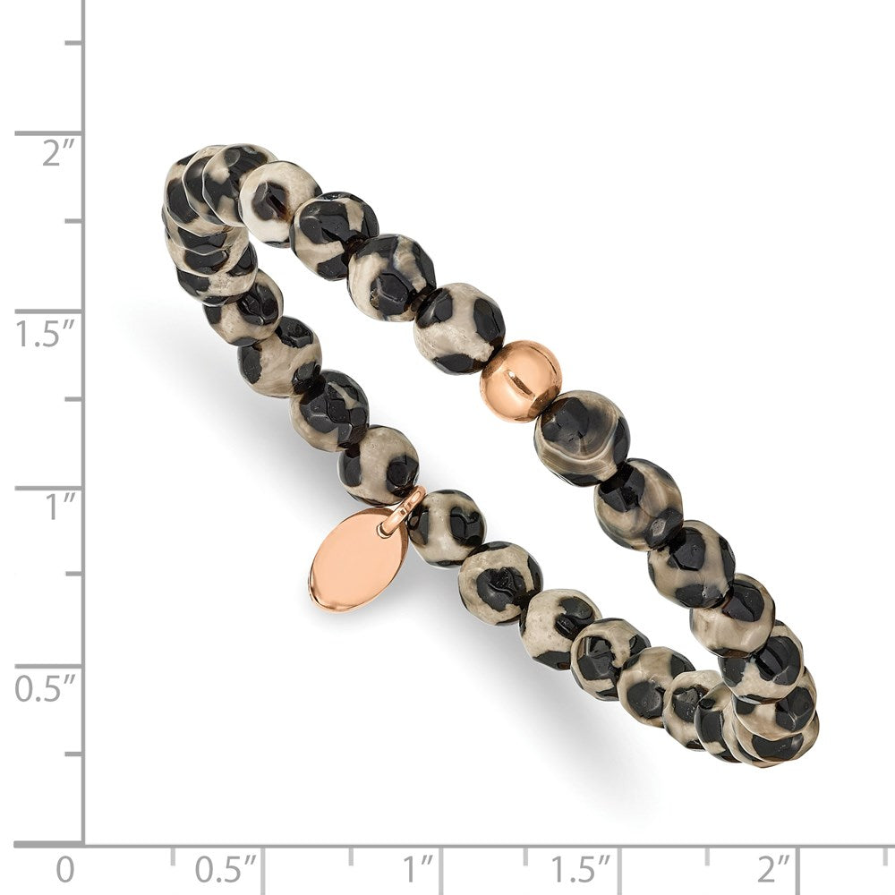 Chisel Stainless Steel Polished Rose IP-plated 6mm Black and White Agate Beaded Stretch Bracelet SRB2341