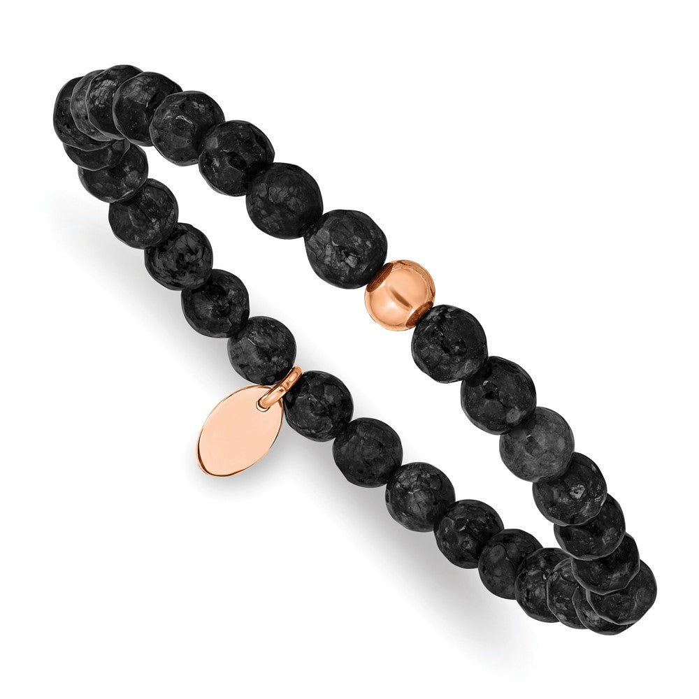 Chisel Stainless Steel Polished Rose IP-plated 6mm Black Onyx Stretch Bracelet SRB2342