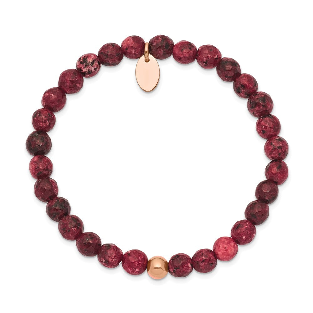 Chisel Stainless Steel Polished Rose IP-plated 6mm Red Jade Beaded Stretch Bracelet SRB2344