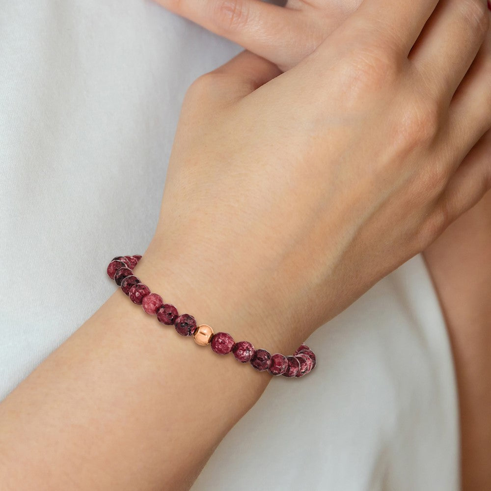 Chisel Stainless Steel Polished Rose IP-plated 6mm Red Jade Beaded Stretch Bracelet SRB2344