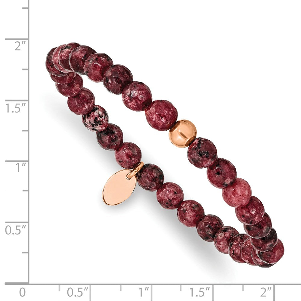 Chisel Stainless Steel Polished Rose IP-plated 6mm Red Jade Beaded Stretch Bracelet SRB2344