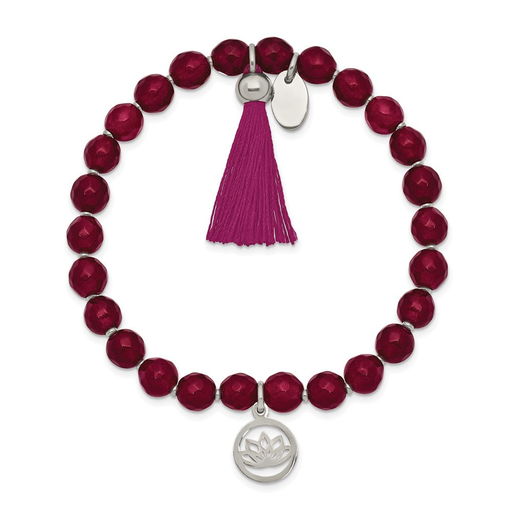 Chisel Stainless Steel Polished Lotus 6mm Pink Jade Beaded Stretch Bracelet with Tassel SRB2349