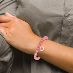 Chisel Stainless Steel Polished Rose IP-plated Heart 6mm Pink Jade Beaded Stretch Bracelet with Tassel SRB2353