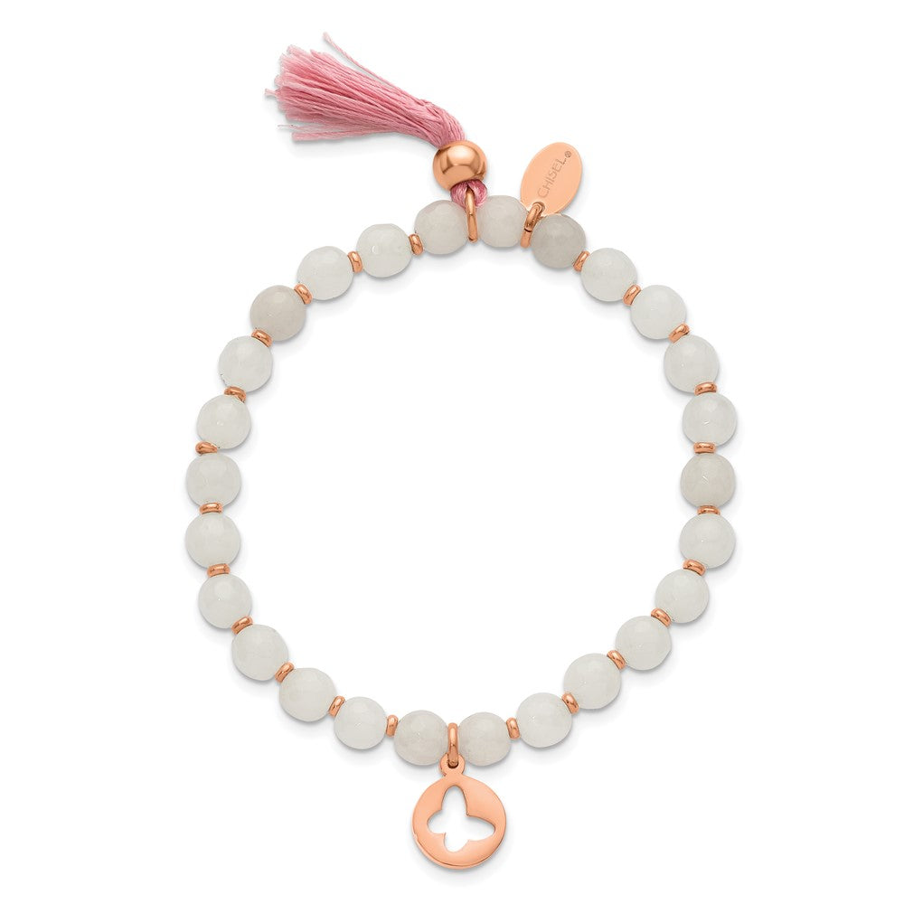 Chisel Stainless Steel Polished Rose IP-plated Butterfly 6mm Pink Agate Beaded Stretch Bracelet with Tassel SRB2356