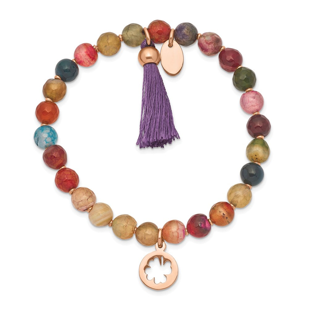 Chisel Stainless Steel Polished Rose IP-plated Clover 6mm Multi Color Agate Beaded Stretch Bracelet with Tassel SRB2357