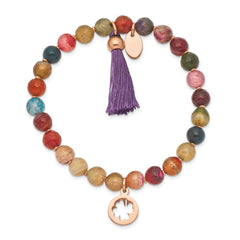 Chisel Stainless Steel Polished Rose IP-plated Clover 6mm Multi Color Agate Beaded Stretch Bracelet with Tassel SRB2357