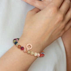 Chisel Stainless Steel Polished Rose IP-plated Clover 6mm Multi Color Agate Beaded Stretch Bracelet with Tassel SRB2357