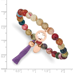 Chisel Stainless Steel Polished Rose IP-plated Clover 6mm Multi Color Agate Beaded Stretch Bracelet with Tassel SRB2357
