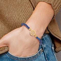 Chisel Stainless Steel Polished Yellow IP-plated Tree of Life 4mm Blue Jade Beaded Stretch Bracelet SRB2359