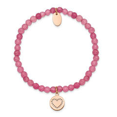Chisel Stainless Steel Polished Rose IP-plated Heart 4mm Pink Jade Beaded Stretch Bracelet SRB2361