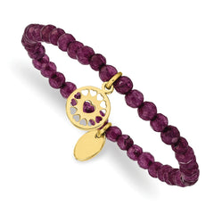 Chisel Stainless Steel Polished Yellow IP-plated Heart 4mm Dark Purple Jade Beaded Stretch Bracelet SRB2364