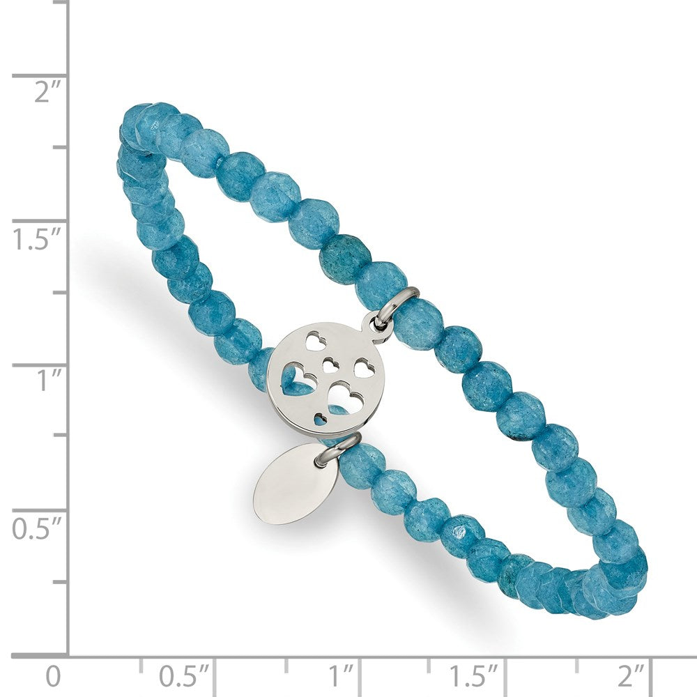 Chisel Stainless Steel Polished Hearts 4mm Blue Jade Beaded Stretch Bracelet SRB2365