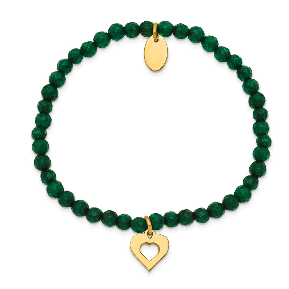 Chisel Stainless Steel Polished Yellow IP-plated Heart 4mm Green Jade Beaded Stretch Bracelet SRB2367