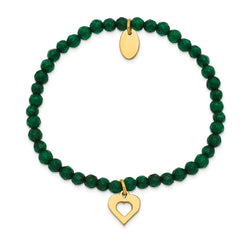 Chisel Stainless Steel Polished Yellow IP-plated Heart 4mm Green Jade Beaded Stretch Bracelet SRB2367
