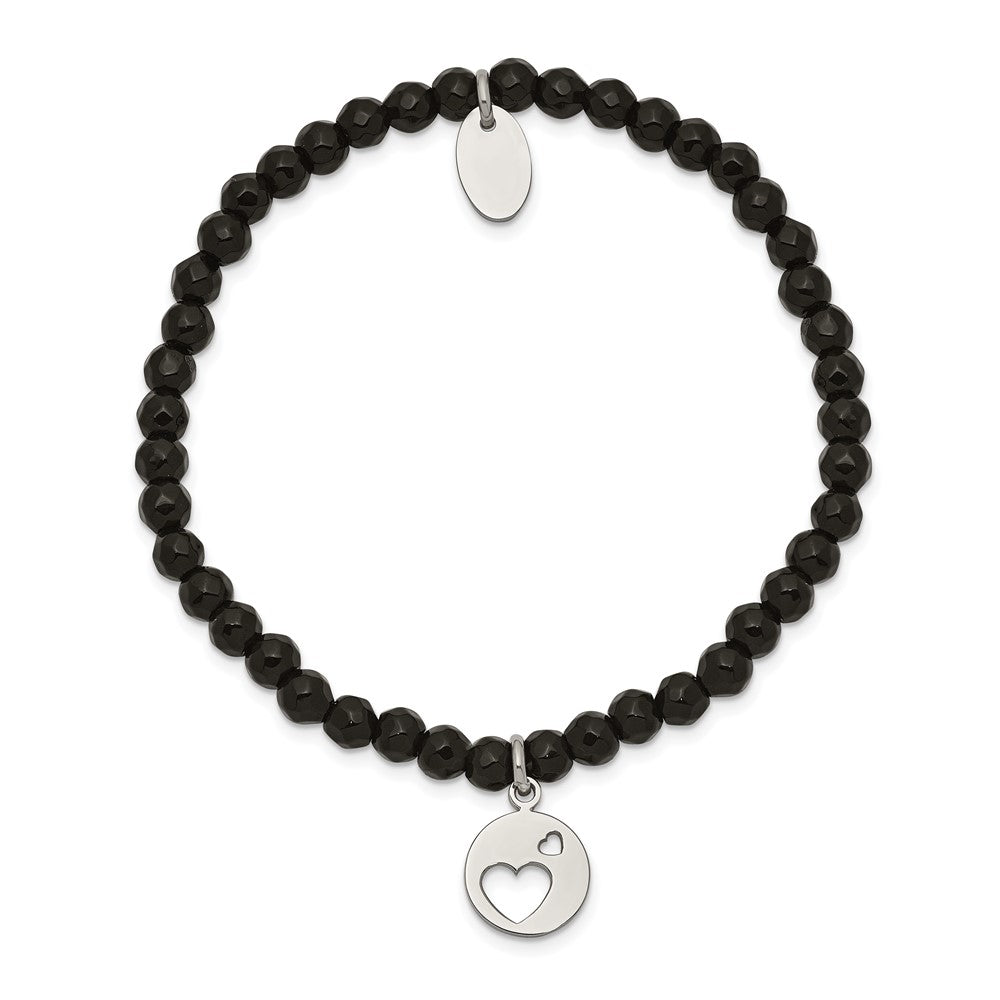 Chisel Stainless Steel Polished Hearts 4mm Black Jade Beaded Stretch Bracelet SRB2368