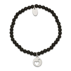Chisel Stainless Steel Polished Hearts 4mm Black Jade Beaded Stretch Bracelet SRB2368