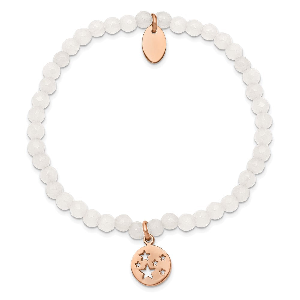Chisel Stainless Steel Polished Rose IP-plated Stars 4mm White Jade Beaded Stretch Bracelet SRB2369