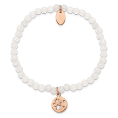 Chisel Stainless Steel Polished Rose IP-plated Stars 4mm White Jade Beaded Stretch Bracelet SRB2369