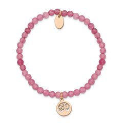 Chisel Stainless Steel Polished Rose IP-plated Tree 4mm Pink Jade Beaded Stretch Bracelet SRB2370