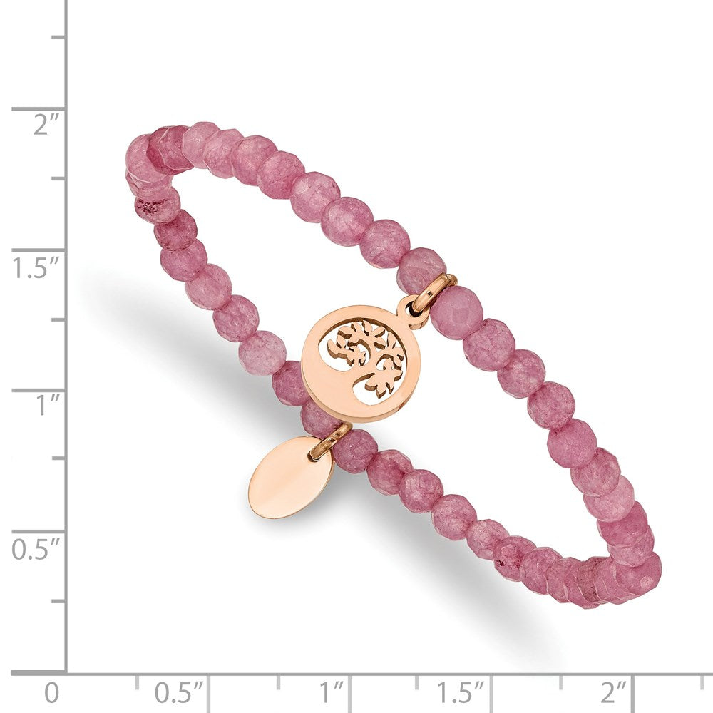 Chisel Stainless Steel Polished Rose IP-plated Tree 4mm Pink Jade Beaded Stretch Bracelet SRB2370