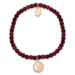 Chisel Stainless Steel Polished and Satin Rose IP-plated YingYang 4mm Red Jade Beaded Stretch Bracelet SRB2371