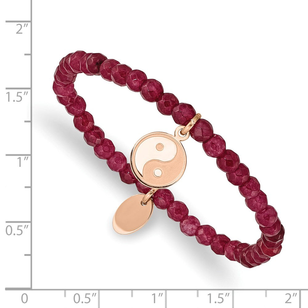 Chisel Stainless Steel Polished and Satin Rose IP-plated YingYang 4mm Red Jade Beaded Stretch Bracelet SRB2371