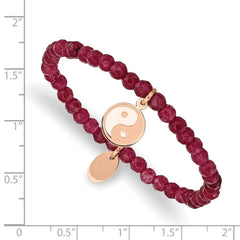 Chisel Stainless Steel Polished and Satin Rose IP-plated YingYang 4mm Red Jade Beaded Stretch Bracelet SRB2371