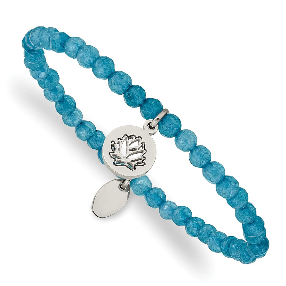Chisel Stainless Steel Polished Lotus 4mm Blue Jade Beaded Stretch Bracelet SRB2374