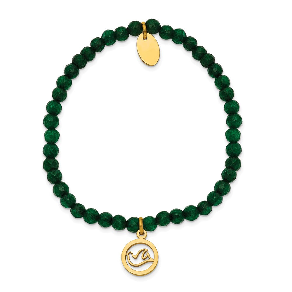Chisel Stainless Steel Polished Yellow IP-plated Dove 4mm Green Jade Beaded Stretch Bracelet SRB2376